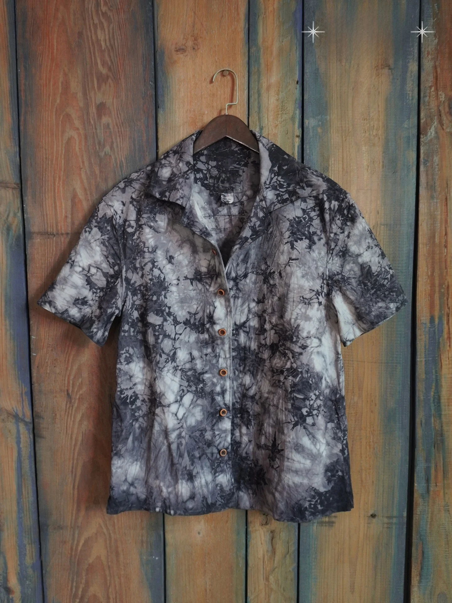 Retro American Pure Cotton Hand-Dyed Indigo Galla Cuba Collar Shirt Botanical Print Loose Fit Short Sleeve Men's Casual Top