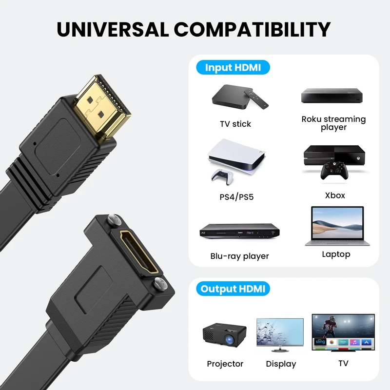 50cm 90 Degree Flat HDMI-compatible 2.0 male and female  Extension Cable, With Screw Hole Panel Installation, High-speed 4K 60Hz