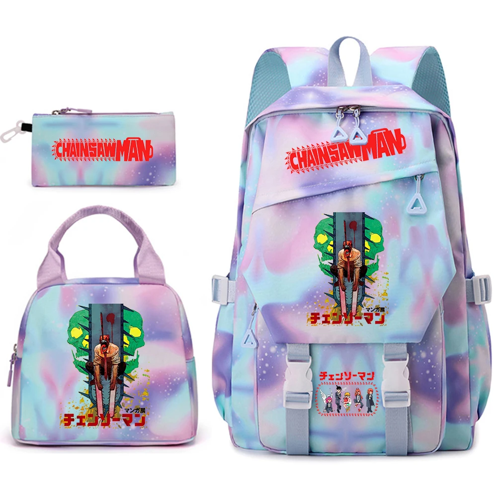 チェーンソーマン-アニメプリント-学生用バックパックセット-ランチバッグ付き-ペンシルケース-カジュアルデイパック-女子校生用