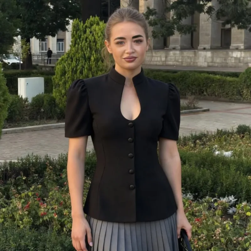 

Black Short Sleeve Top Women 2026 Sexy Keyhole Cutout Mandarin Collar Puff Sleeve Slim Fit Blouse Elegant Office Lady Workwear