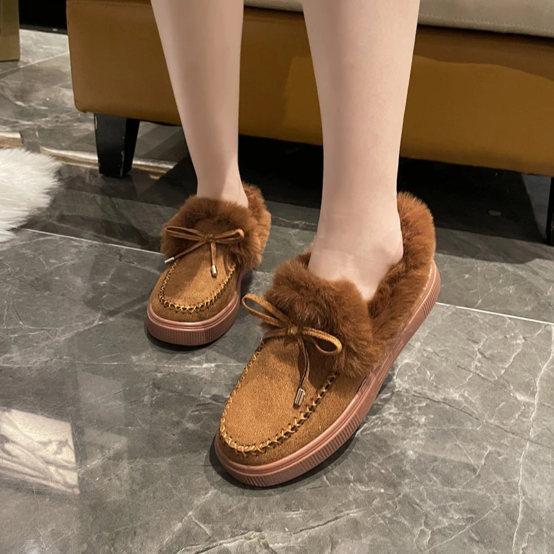 Furry Snow Boots Women Ankle Boots Platforms Casual Slip-on Flat Shoes Comfortable Plus Size Low Price Low Cut Solid Purple