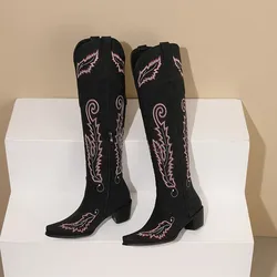 Embroidered Cowgirl Boots 2024 New Knee High Boots for Women Low Heels Lady Shoes Slip on Square Toe Western Cowboy Boots