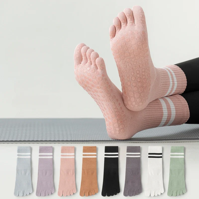 

Носки для йоги, женские профессиональные силиконовые противоскользящие носки для пилатеса с пятью пальцами, повседневные полосатые дышащие хлопковые спортивные носки для танцев