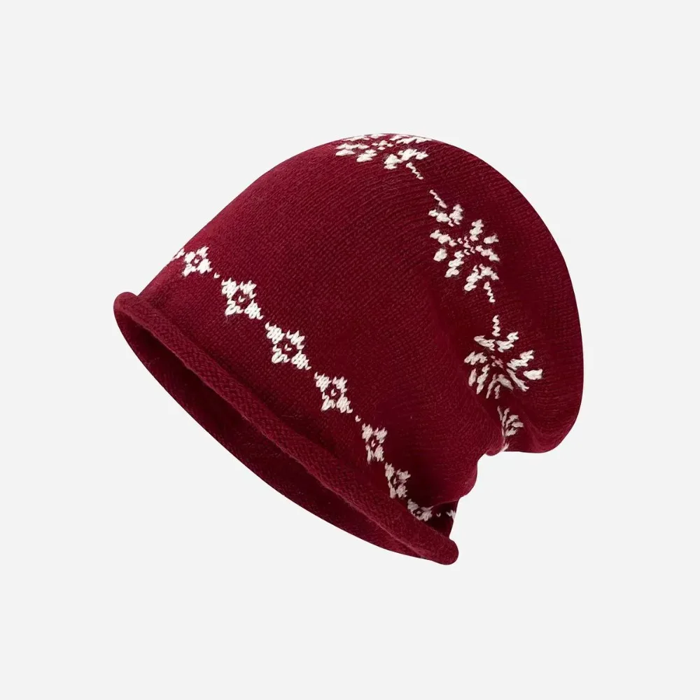 

Sweet Curled Edge Jacquard Knitted Hat Warm Wool Printing Knit Cap Printed Retro Ear Protection Hat Apparel Accessories