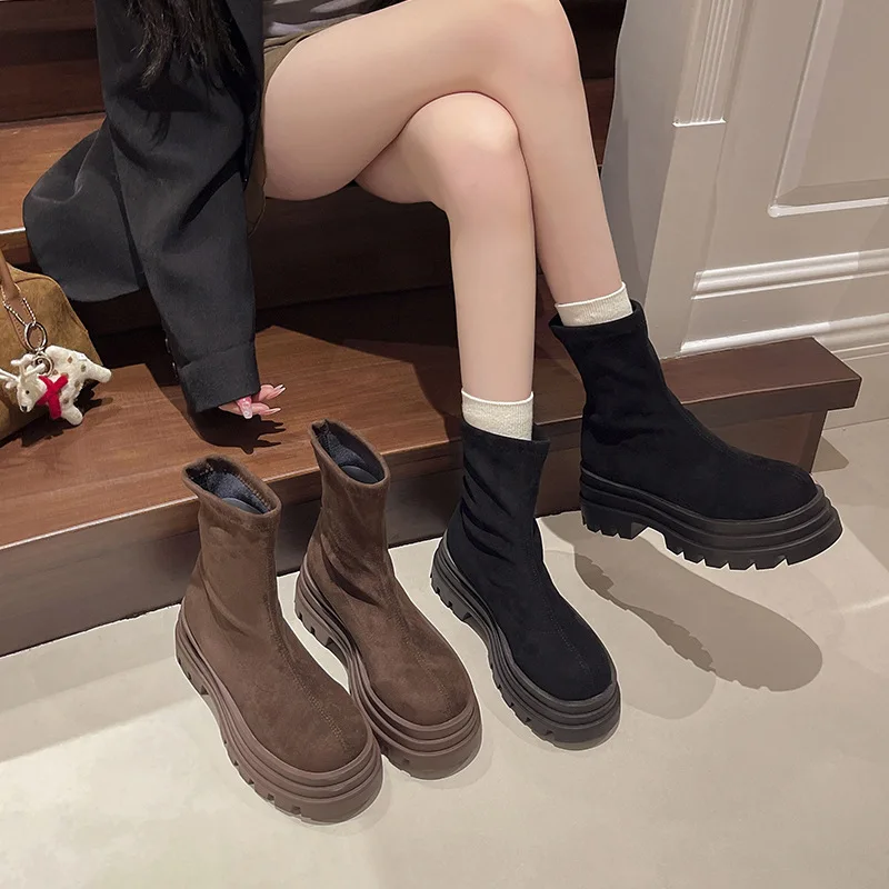 

Platform Leather Boots Women's Spring and Autumn New All-Matching Stretch Socks Thin Boots Small High Heel Fashion