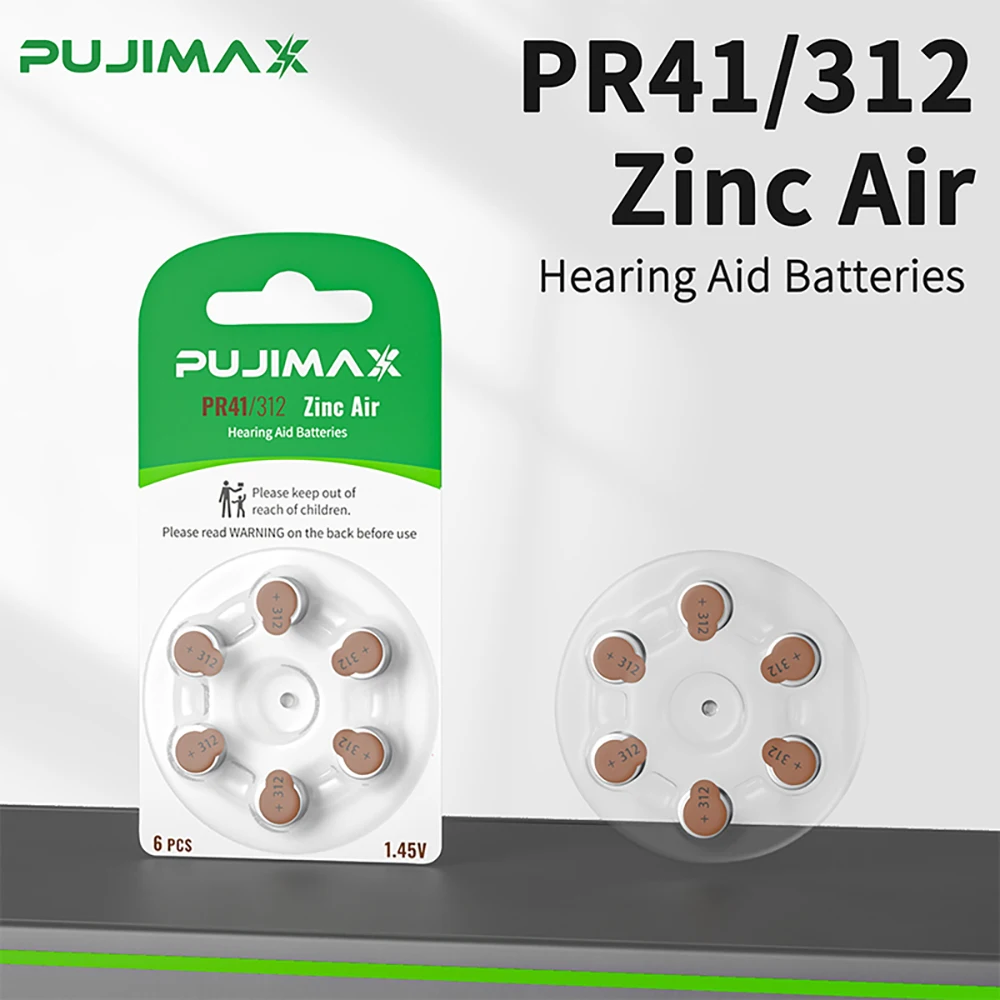 

PUJIMAX 6-60 PCS PR41 312 Battery Hearing Aid Batteries 1.45V High Performance 312A A312 Battery For BTE CIC RIC OE Hearing Aids