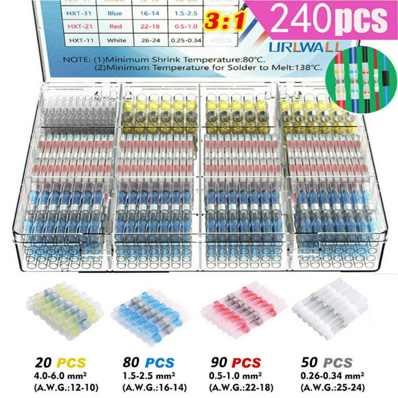 

240pcs Heat Shrink Butt Crimp Terminals Waterproof Solder Seal Electrical Connectors Wire Cable Splice Kit Automotive Marine