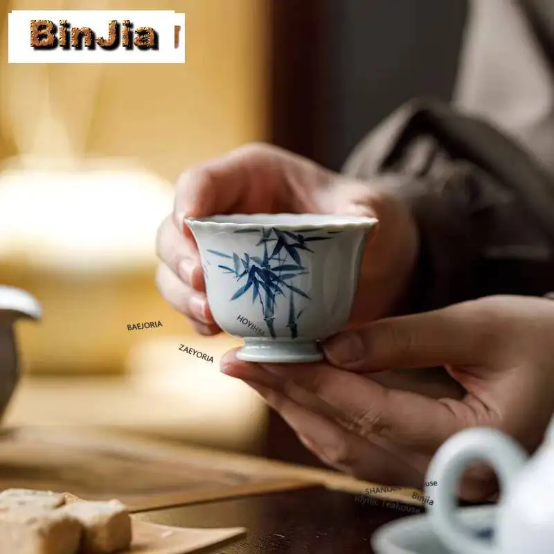 65ml Hand Painted Blue Bamboo Teacup Traditional Tea Bowl Jug Tea-tasting Smelling Cup Jianzhan Master Cups Tea Ceremony Gifts