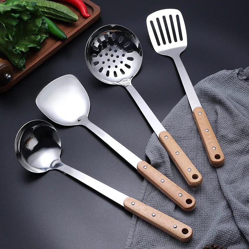 

Non-stick Heat-resistant Cooking Spatula Set Wooden Handle Stainless Steel Kitchenware Soup Spoon Large Leaky Spoon Kitchen Tool