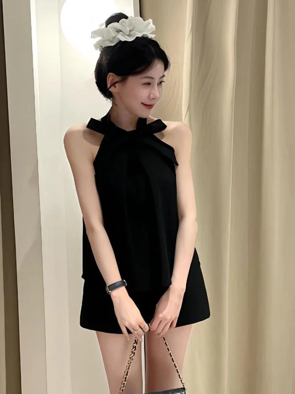 

Summer Beautiful Black Set Strap Vest And Halter Neck Gown Two-Piece Set Small Fragrance Style Fashionable Women's Outfits
