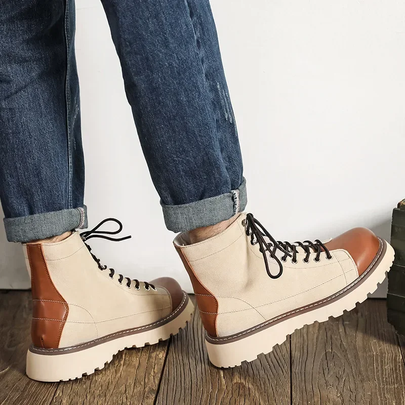 Mid-british Desert Boots for Men Color Match Autumn Winter Designer Cow Leather Platform Shoes Male Fashion Casual Ankle Boots