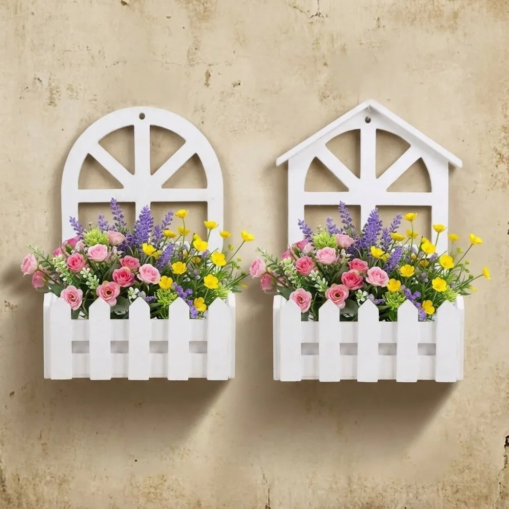 White Garden Fence Flower Pot Hanging Handmade Wall Hanging Planter Picket Fence Design Wall Mounted Flower Container Wall Decor