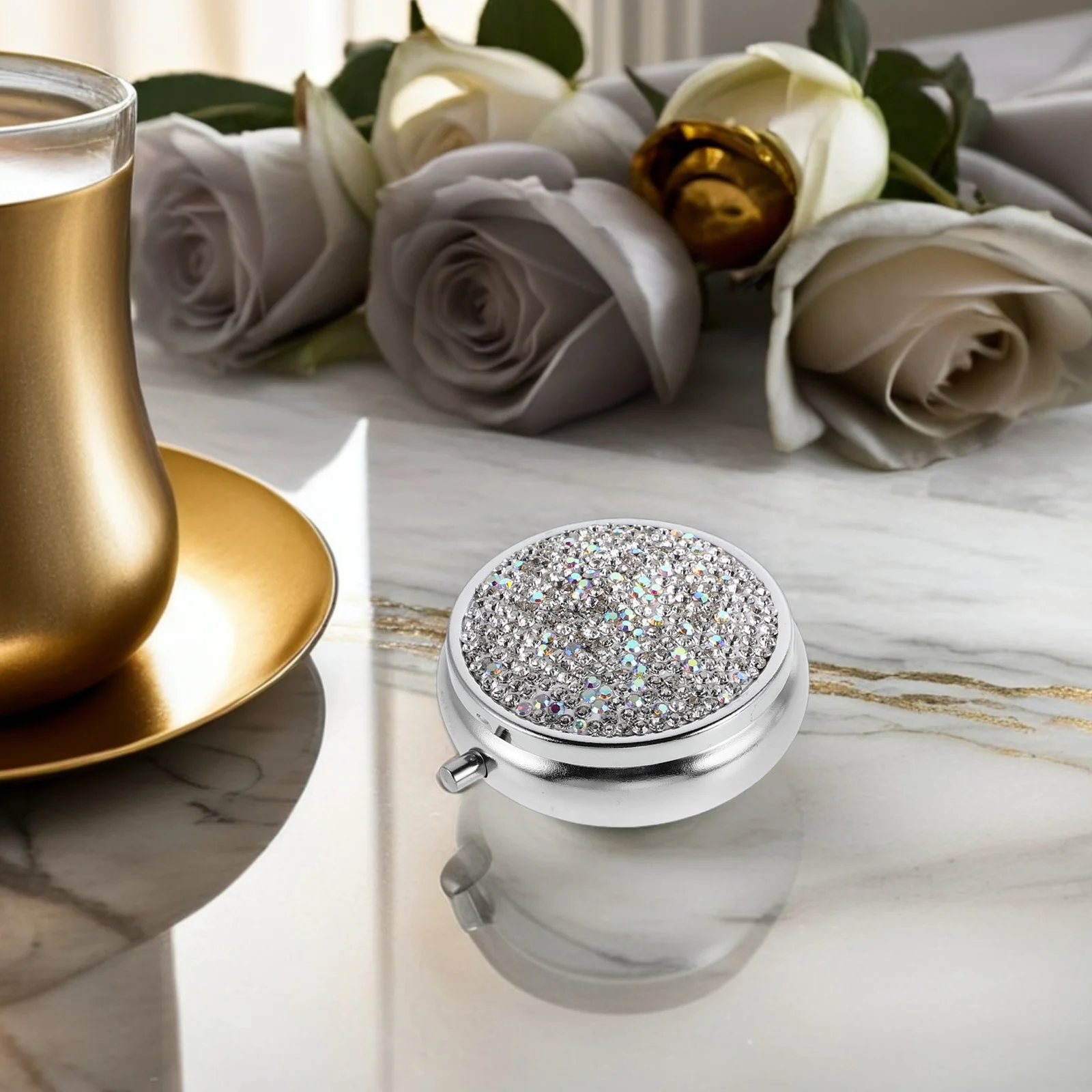 

Elegant Rhinestone Portable Mini Pill Organizer Compact Medicine Storage Box for Travel Office Daily Use Pill Case for Women