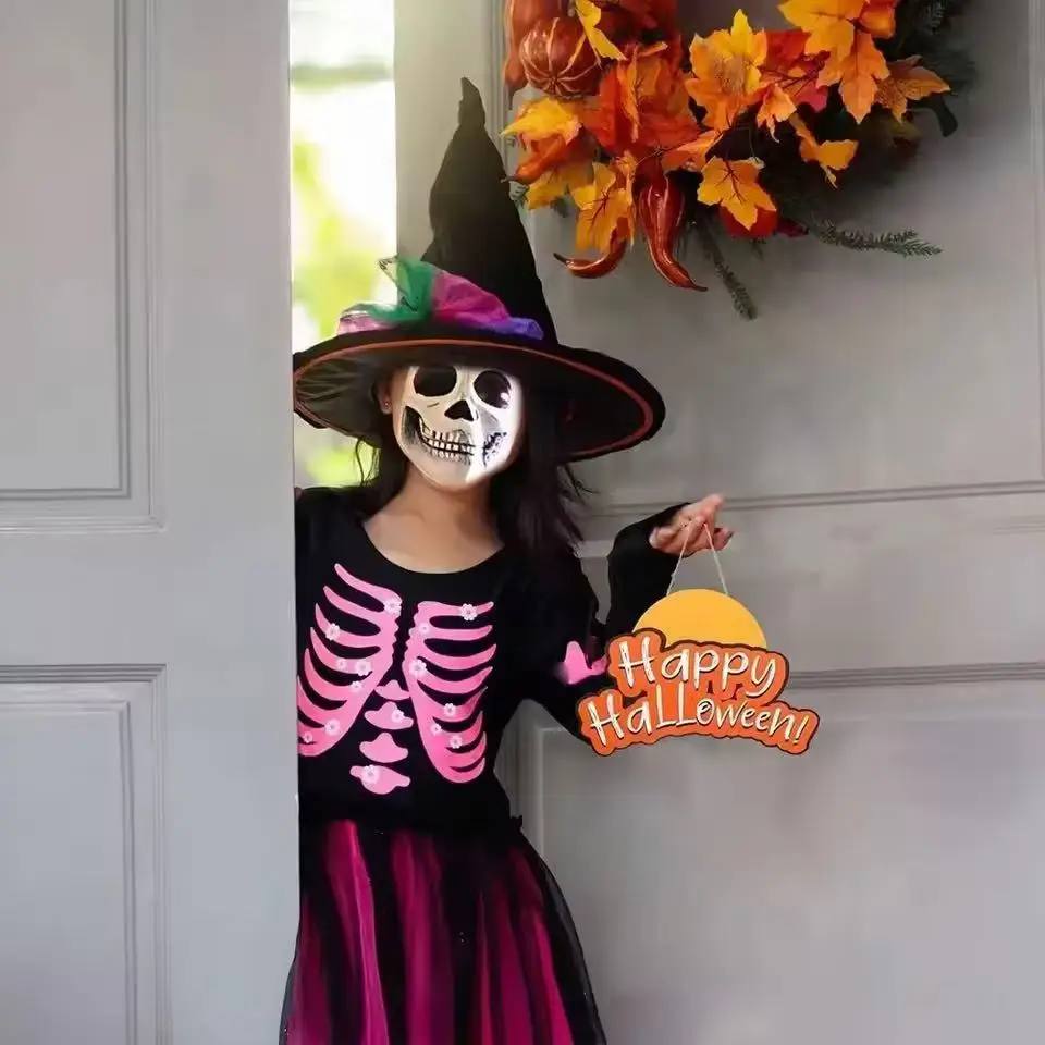 2026 Mädchen-Halloween-Kleid Herbst-Winter-Outfits Gestricktes Rundhals-Langarmkleid mit Rüschen für Partys und Versammlungen Kinderkostüm – Detail 2