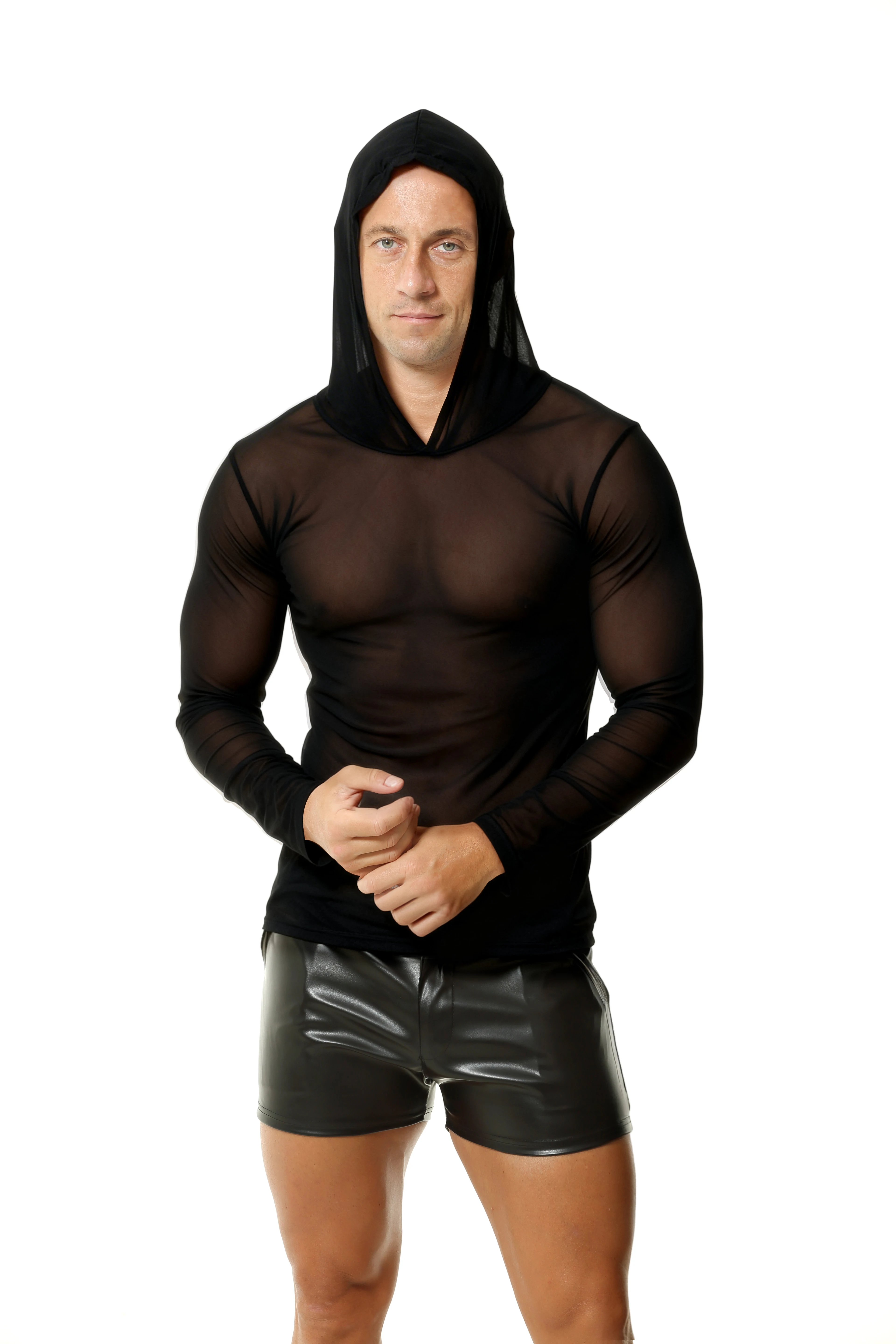 

Men Mesh Breathable Hooded T-shirt+PU Leather Boxer Shorts Ultra-thin Short Sleeve Top Glossy Tight Shorts Casual Party Club Set