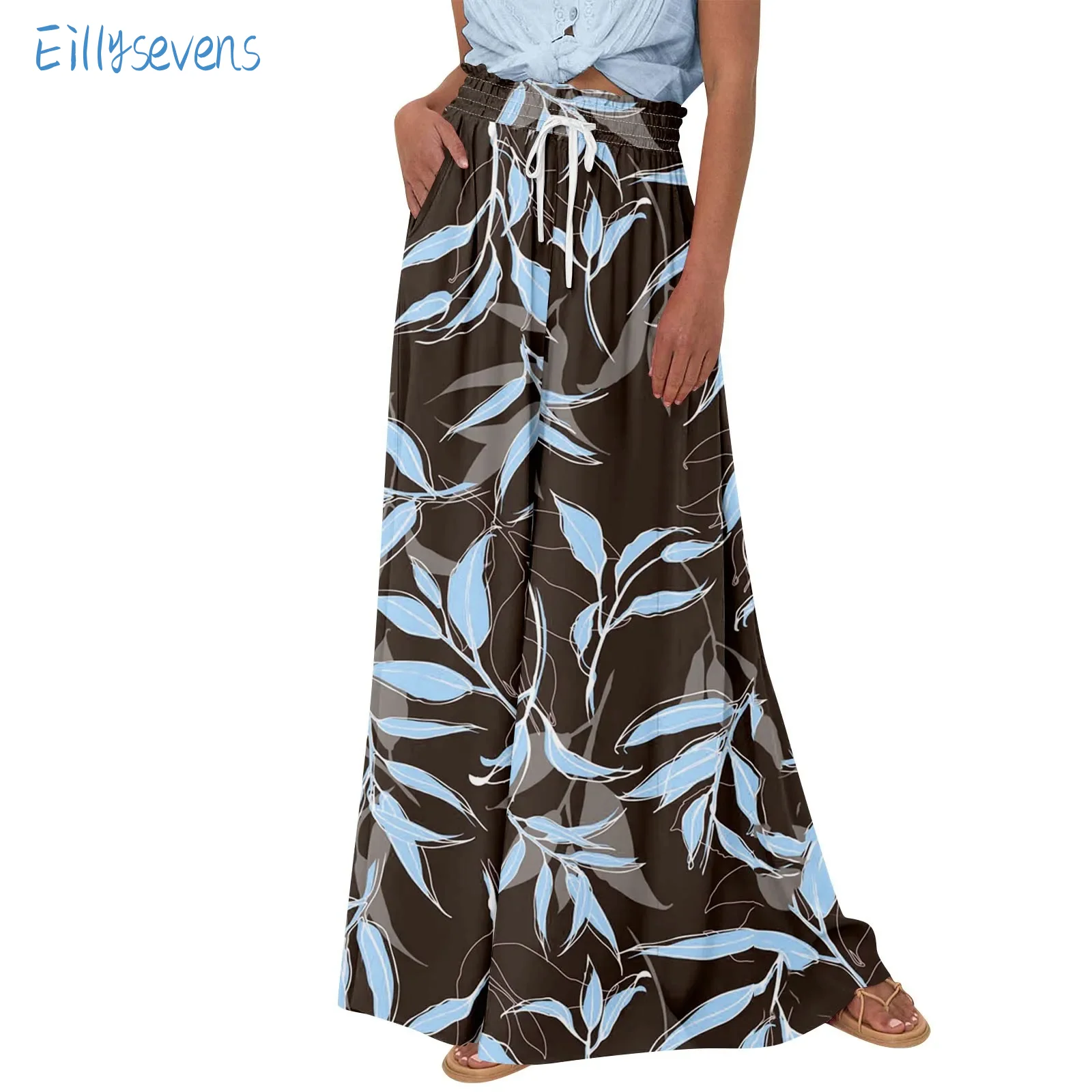 Women'S Wide Leg Trousers Drawstring High Waisted Summer Casual Flowing Pants With Pockets Trend Retro Floral Print Beach Pants