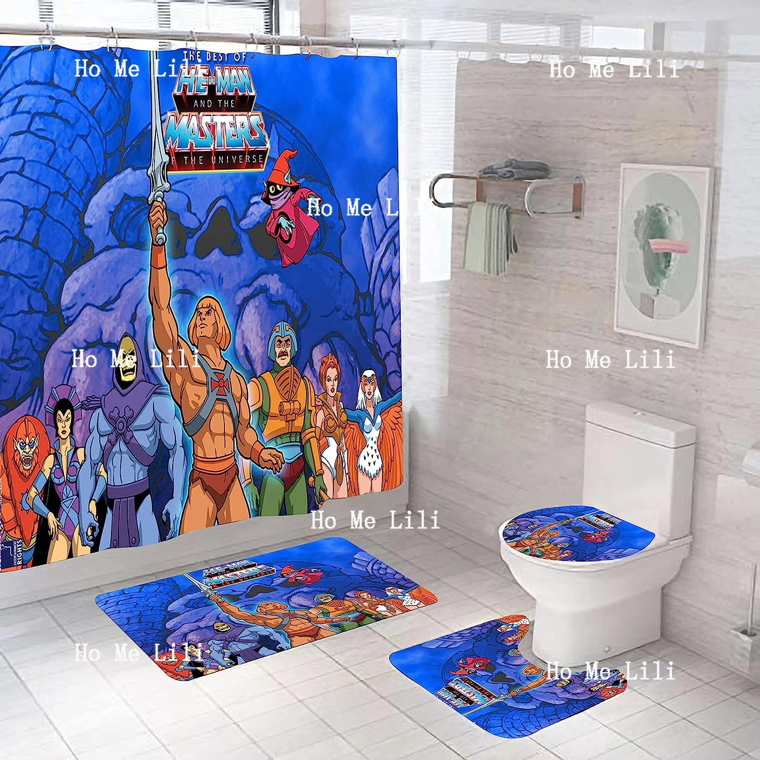 He-Man Masters Of The Universe Bathroom 4 Pieces Set Shower Curtain Toilet Lid