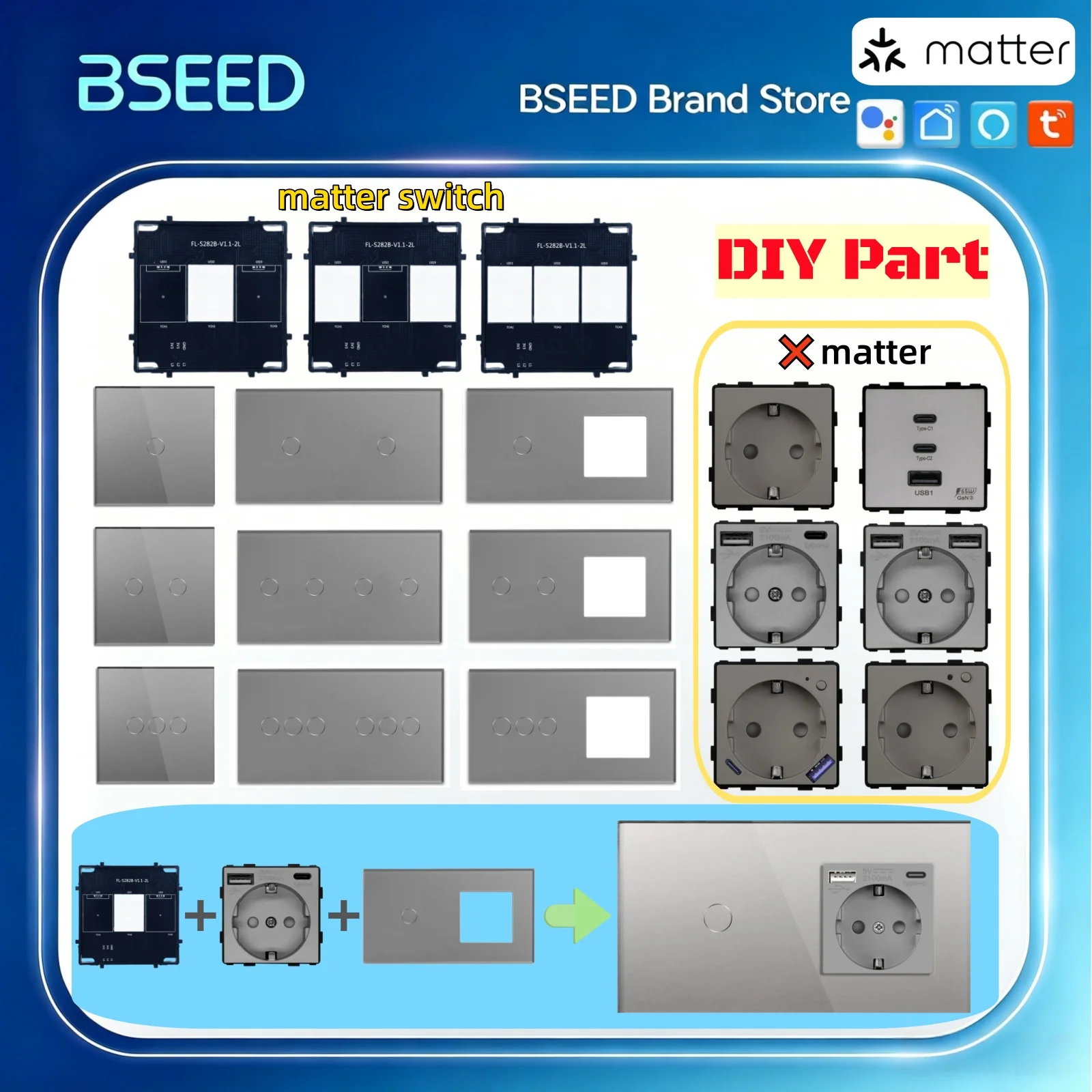 BSEED Matter Touch-Schalter Teil 1/2/3-fach Smart-Schalter Tuya Smart Life APP-Steuerung EU-Steckdosenmodul Glaspanel Freie Kombination