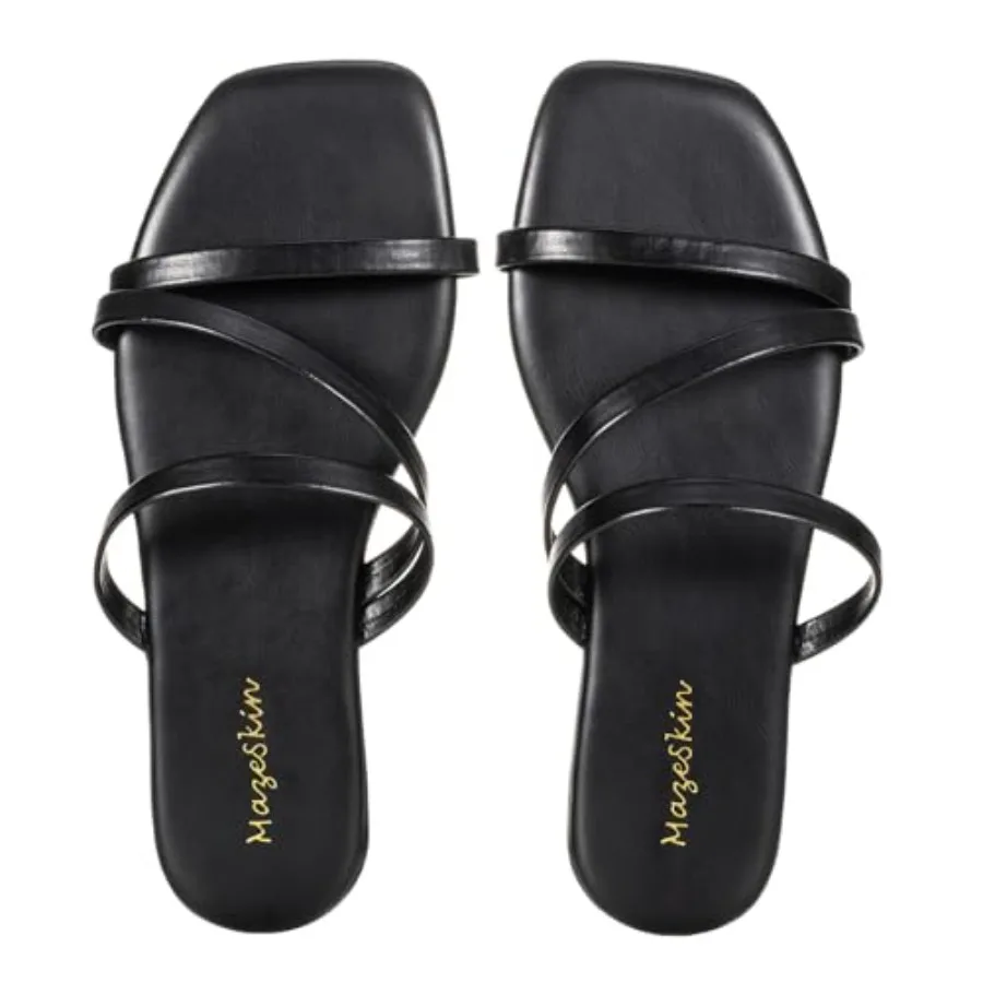 Sandalias planas con tiras de espuma viscoelástica Mazeskin para mujer, de cuero vegano, con punta cuadrada, para verano, antideslizantes, para la playa.