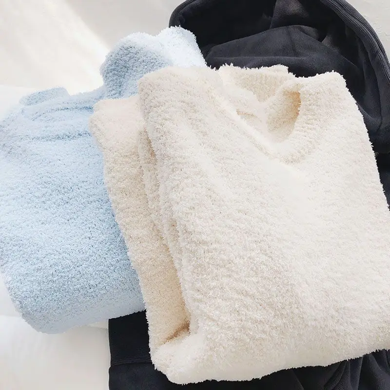 

Цельные женские пушистые пижамы, топы с круглым вырезом, однотонные пуловеры с длинными рукавами, рубашка для сна, теплая утолщенная удобная мягкая домашняя одежда