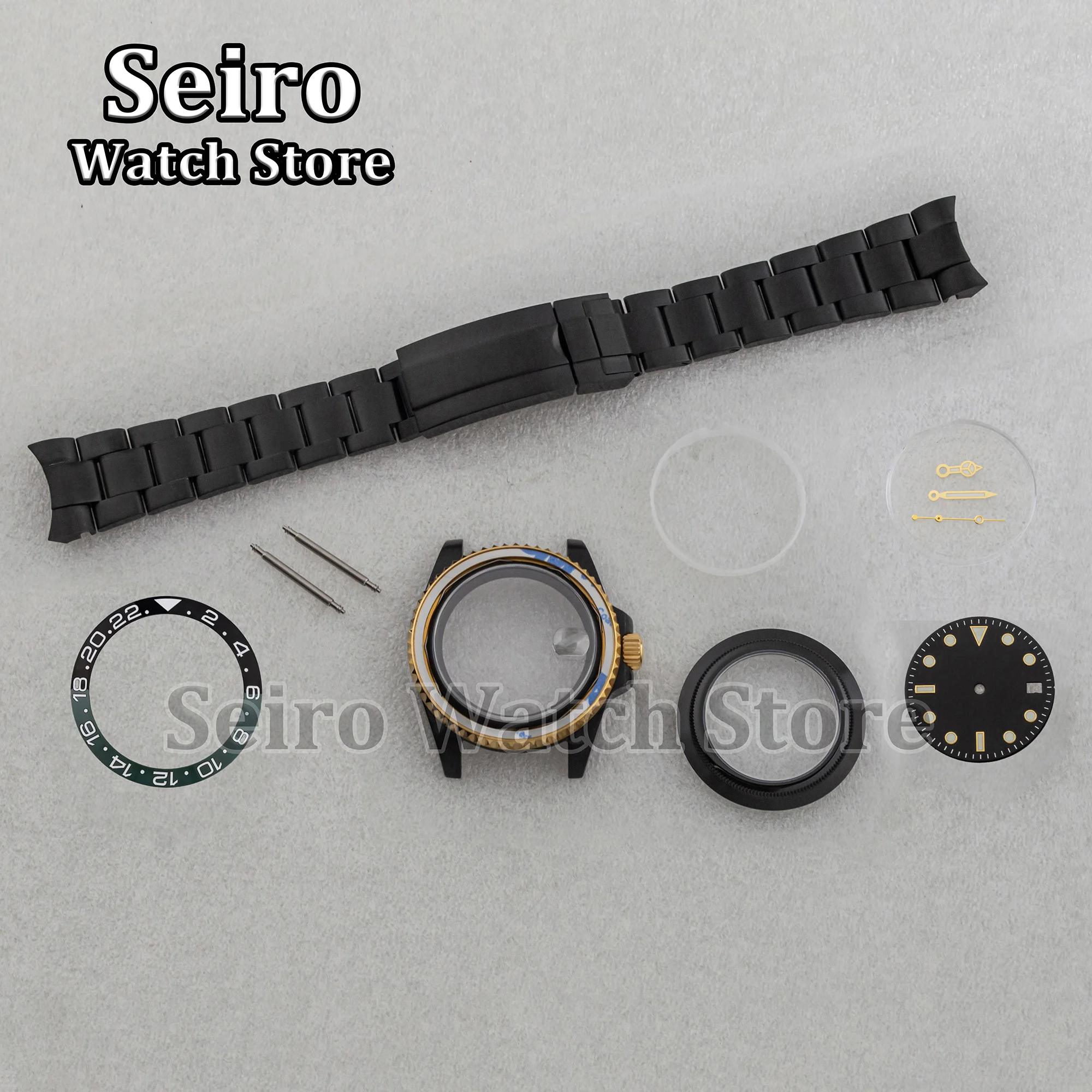 Sapphire Glass 40MM Watch Case 28.5MM Blue Dial Oyster Strap Luminous Hands Black Gold for SUB GMT Yacht NH35 NH34 NH36 Movement