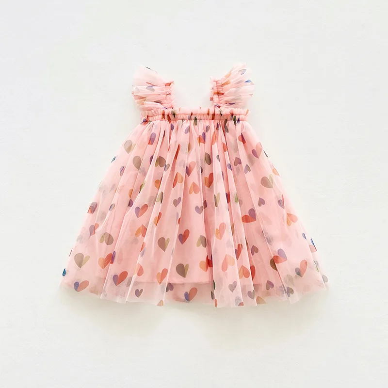 1-7T Toddler Kid Baby Girl Clothes Off Shoulder Heart Print Girls Dress Elegant Summer Sundress Beach Princess Dress Outfit