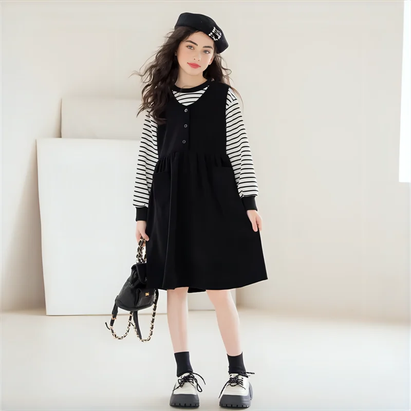 

Set for Children Autumn 2024 T-shirt Vest Dress Two Pieces School Girls Outfits Casual Puff Sleeve Kids Clothes 10 12 13 Years