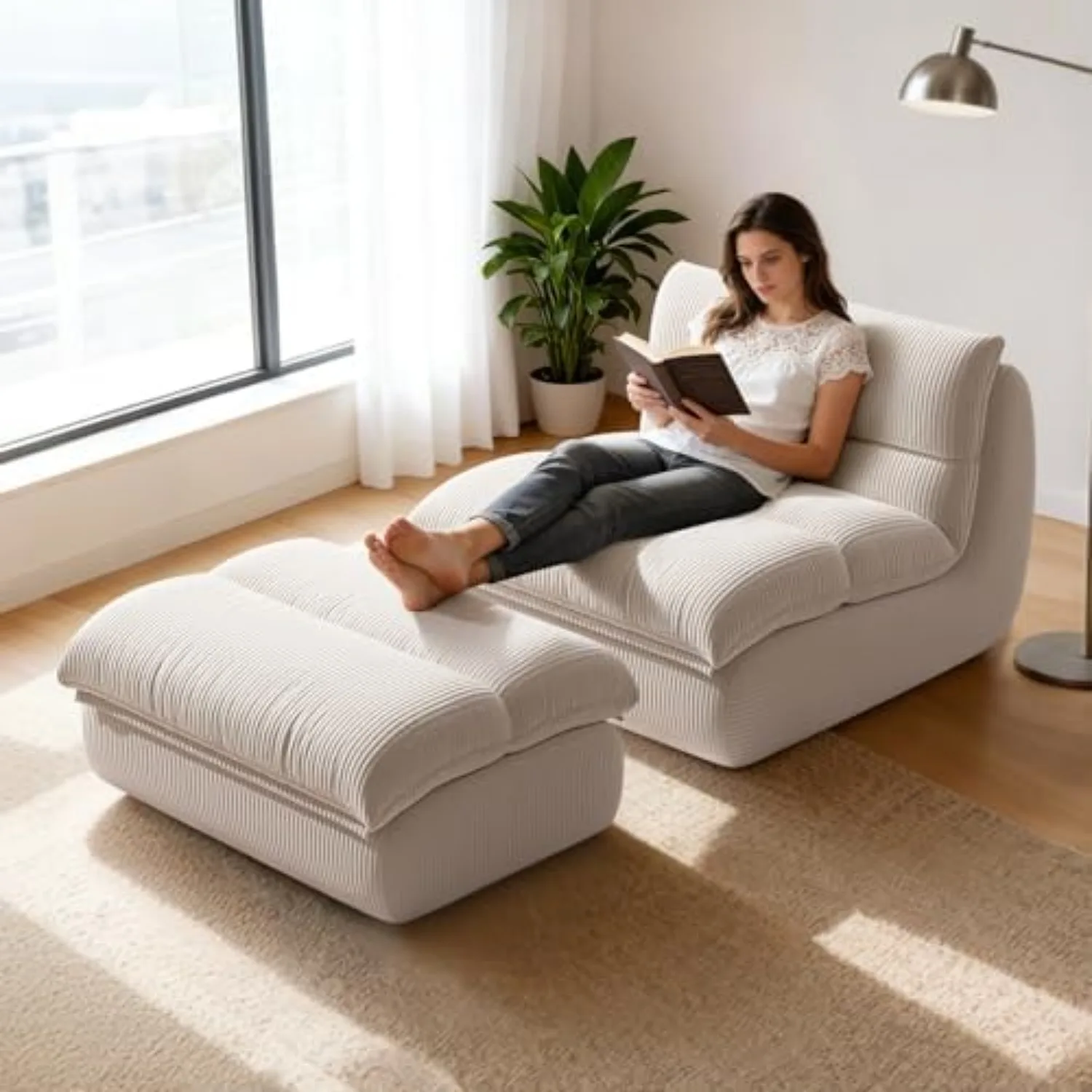 Boneless Chaise Lounge Chair Indoor, Adult Bean Bag Chair with Ottoman, Memory Foam Stuffed Lazy Sofa for for Living