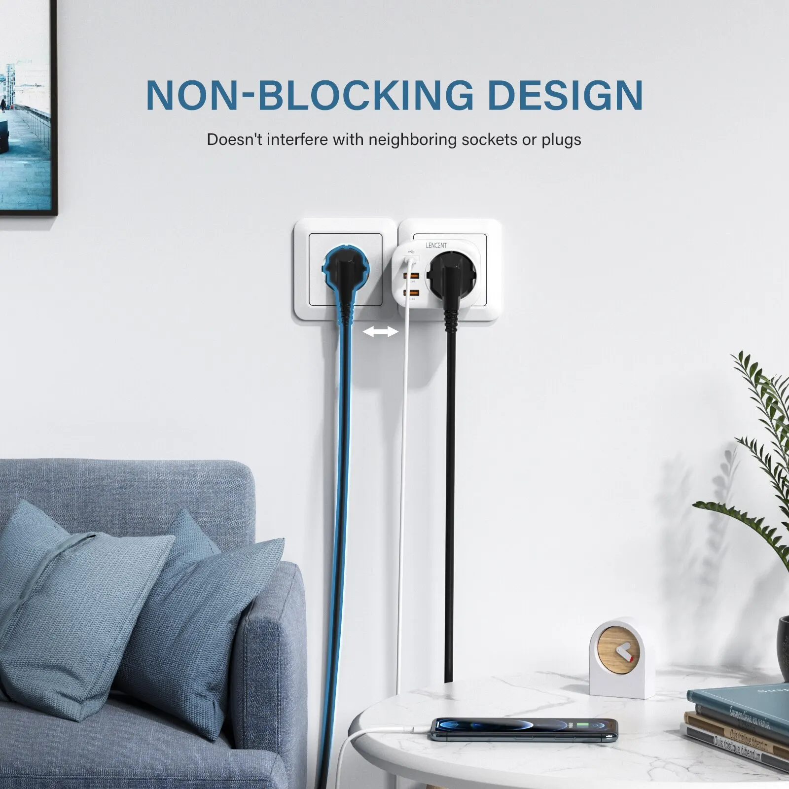 LENCENT الاتحاد الأوروبي التوصيل مقبس الحائط موسع مع 1 مخرج تيار متردد 2 USB QC3.0 و 1 نوع C PD 20 واط متعدد المقبس شاحن سريع للسفر المنزل