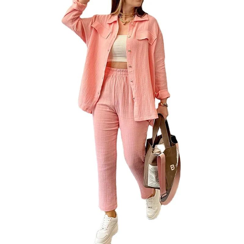 summer outfits for women 2024 New Loose Button Long Sleeve Shirt and Cropped Pants Casual Sports Summer women\'s suit Pants Set