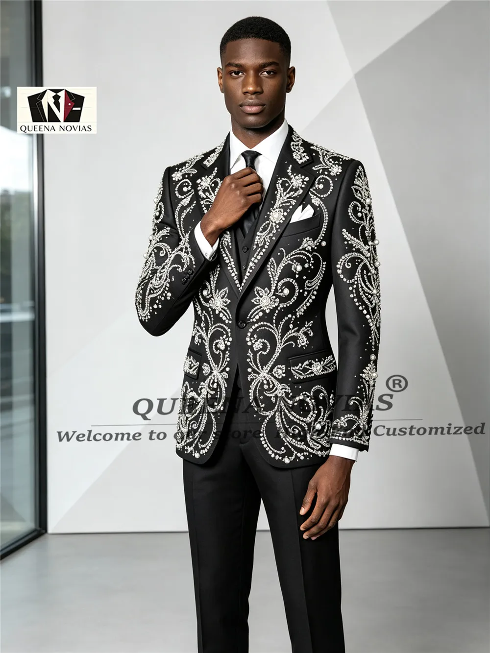 Exquisite Men Suits For Groom ,Customized Sequin Beading Stones Male Wedding Party Luxury Tuxedos 3 Pieces Set Slim Fit Outfits