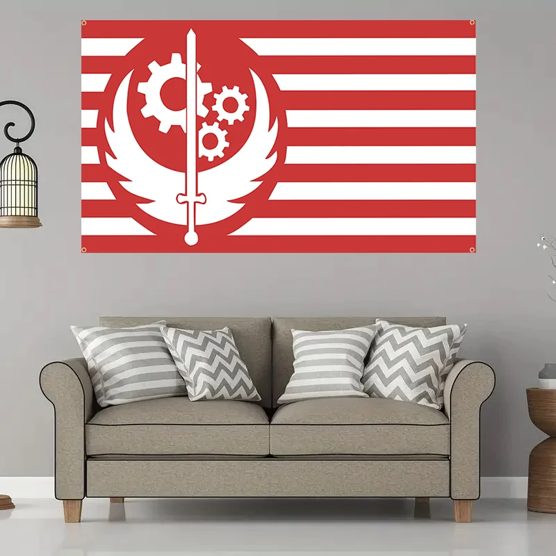 Brotherhood of Steel Flag,Red & White Striped with Gear and Sword Emblem - Ideal for Man Cave, BedroomVideo Game Theme