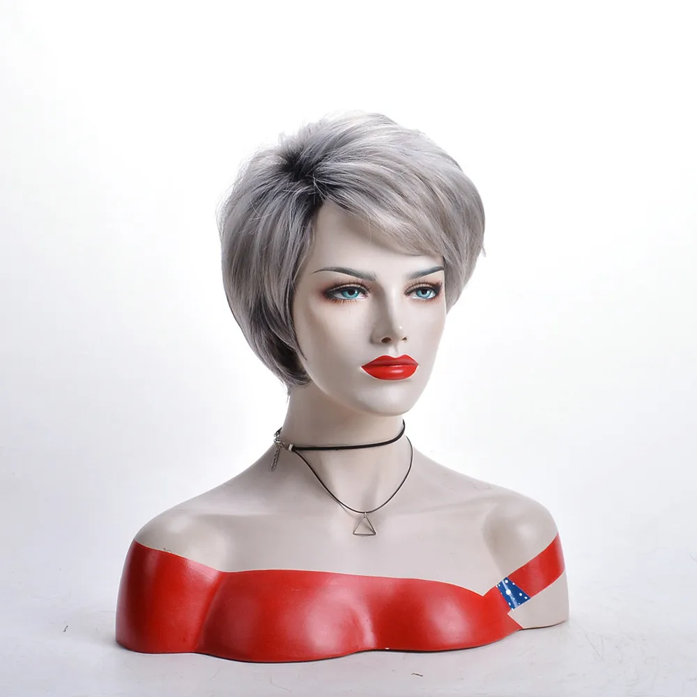 رمادي أبيض أومبير شعر مستعار قصير مستقيم للنساء مقاومة للحرارة الألياف الاصطناعية غطاء شعر مستعار كامل #3