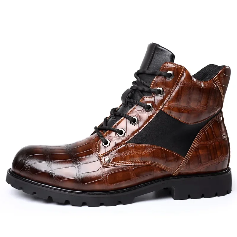 Botines de diseño clásico para hombre, botas cortas de charol con suela gruesa y líneas de cocodrilo, talla 38-48, novedad