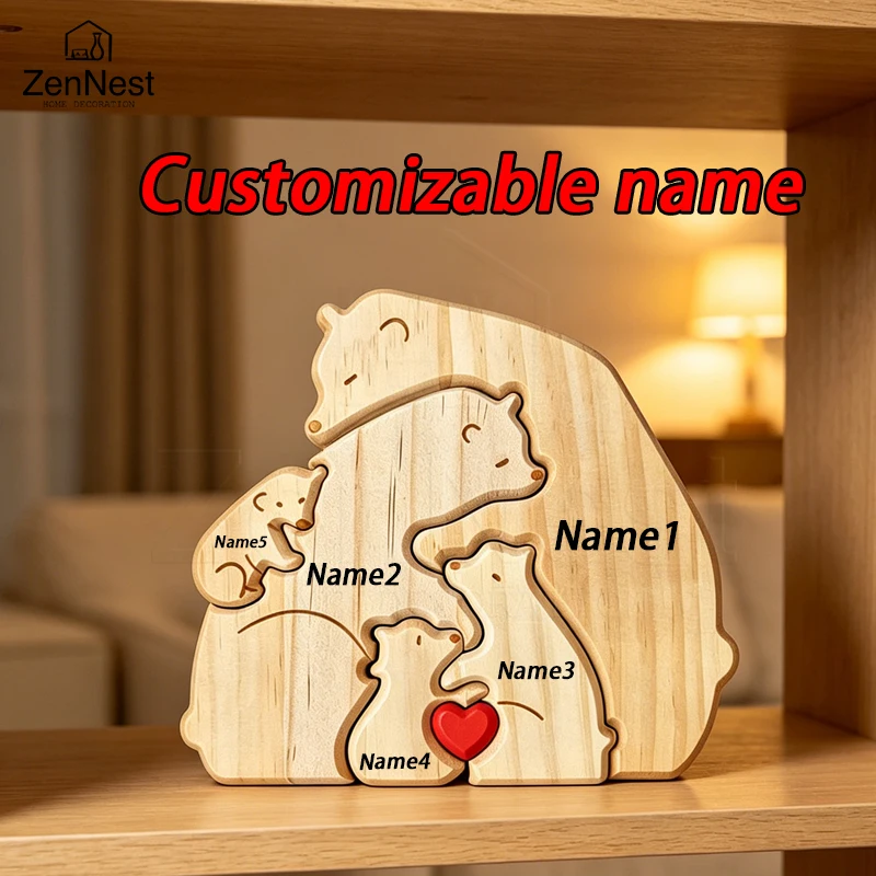 Wooden Puzzle Personalized Customized Bear Family Warm Birthday Gift Solid Wood Ornament Laser Engraving Home Decoration