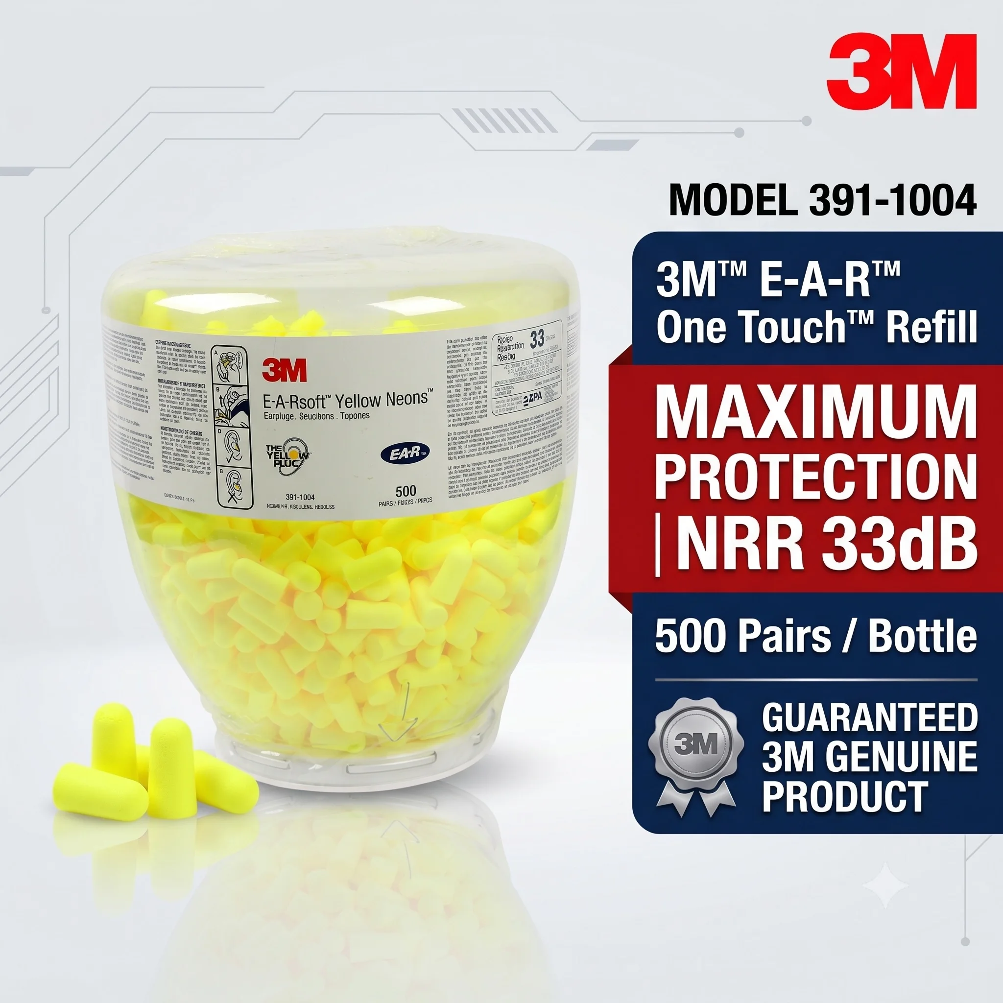 

3M 391-1004 One Touch Earplugs Refill Bullet Foam Ear Plugs Anti Noise Soundproof 33dB for Earplug Dispenser Sleeping Workplace