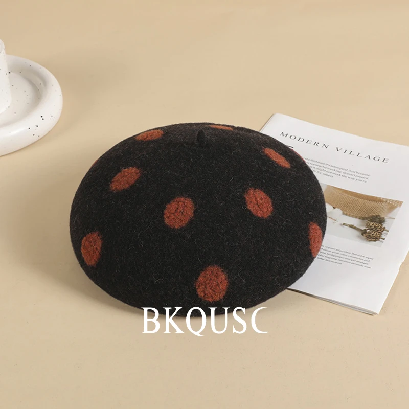 Polka Dot Wool Beret Women\'s Retro Warm Thickening Painter Hat Ladies Fashion Pumpkin Caps Wild Autumn Winter Women Cute Berets