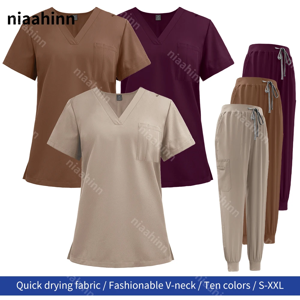 Niaahinn Surgical Uniforms Women Scrub Set Medical Nursing Workwear Dental Clinic Doctor Scrubs Tops+Pants Spa Work Unifrom Suit