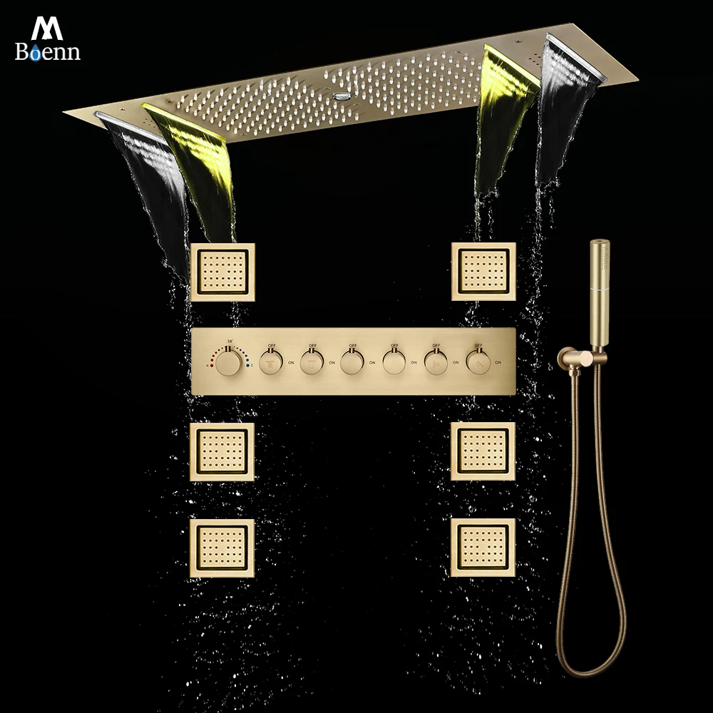 M Boenn 6 Functions Lovers Shower Set System Bathroom Faucet Ceiling Embedded Bar Shape LED Shower Head Smart Thermostatic Mixer