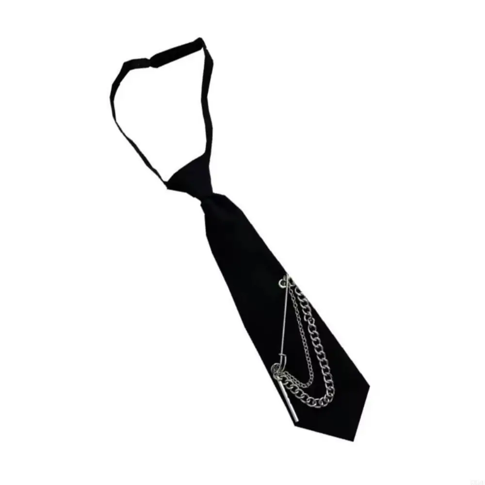 Black Pre-Tied Necktie Safety Pin Detail Alloy Chain Uniform Neck Tie Adjustable Neck Strap Punk Necktie School Uniform Styling