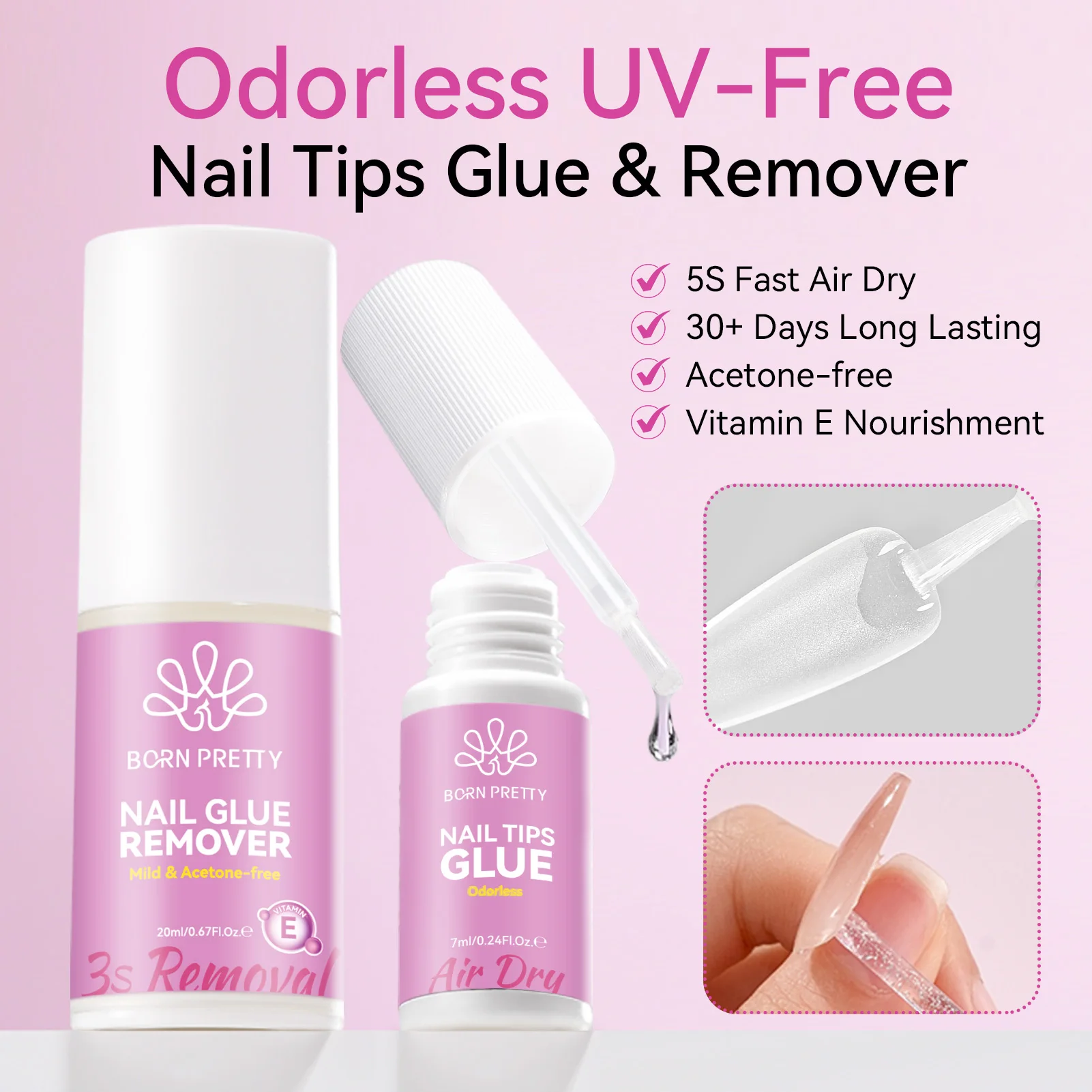 BORN PRETTY Solid Nail Tips & Nail Glue Faster Remover Gel Nail Polish Set Fake Nail Tips Soak Off UV Press On Nails Dryer Tools
