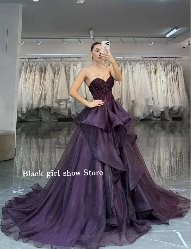 

Sparkling Rhinestone Arab Prom Dress Elegant Grape Purple Sheath Ruffle Lace Long Customised Birthday Party Evening Gowns