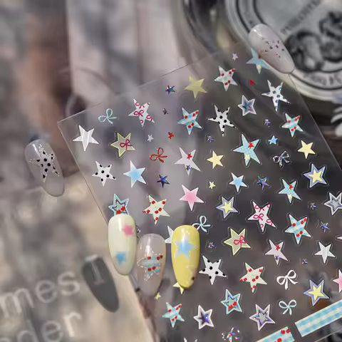 Shiny Metal Nail Stickers Cute Grid Patterned Star Bows Star Jewelry Nail Art Stickers DIY Self Adhesive Manicure Design Decals