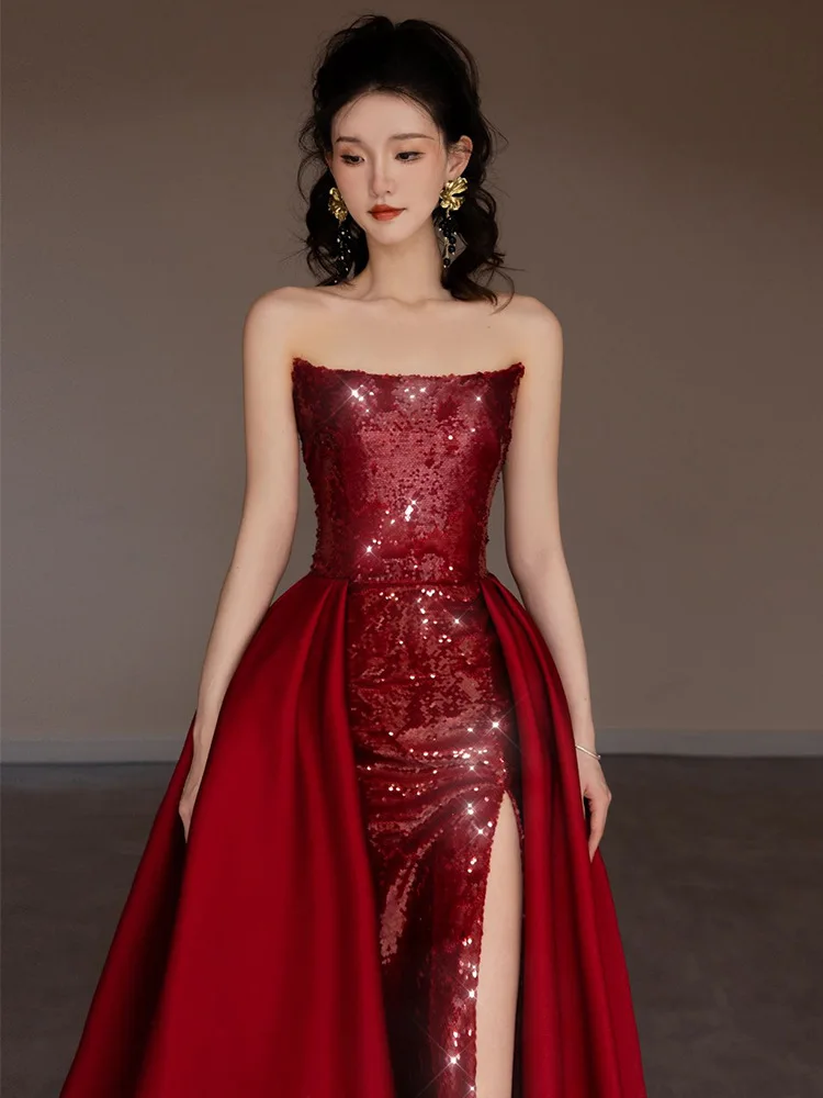 

Red Senior Shinny Celebrity Dress Strapless Off Shoulder Fashion Split Slim Splicing Floor Length Formal Party Evening Gowns