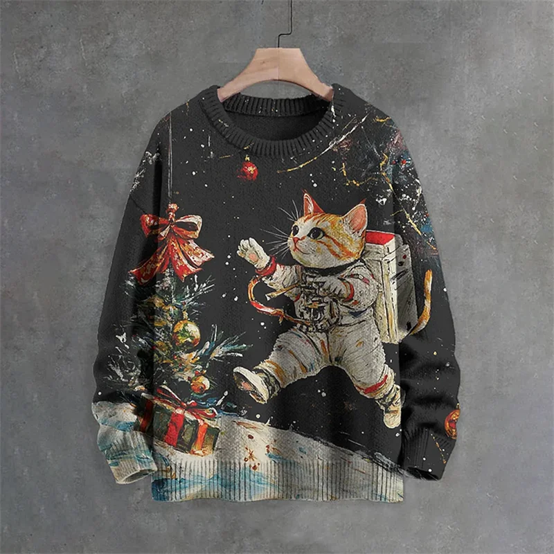 Men's animal cat long sleeved casual hoodie round neck fashionable 3D printed art printed casual role-playing top