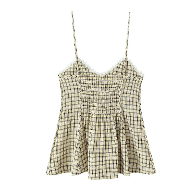 Spring 2026 Women's V-Neck Casual Gingham Trimmed Strap Top New Arrival Fashion Wind Ladies Vest Strapwear Regular Length