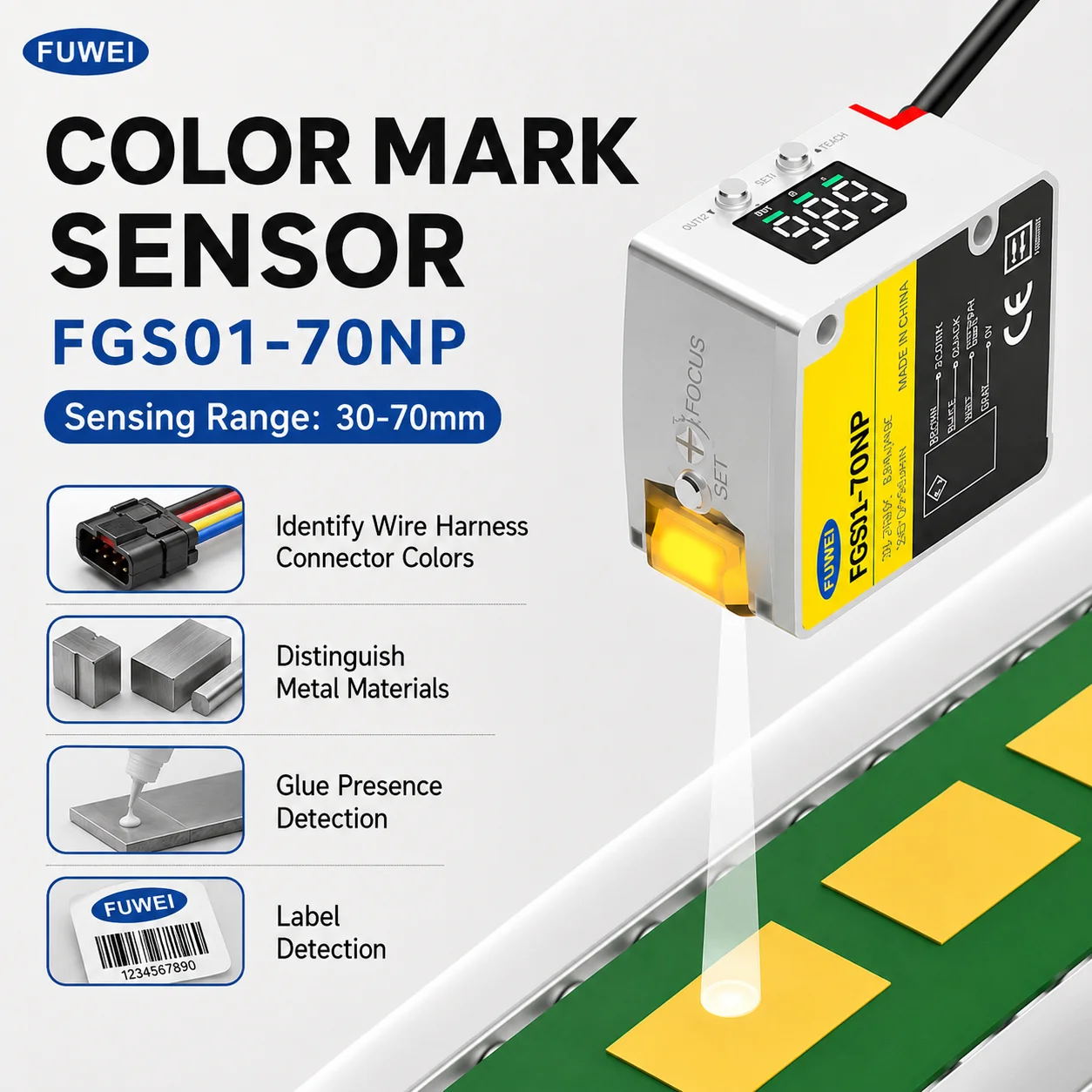 FUWEI FGS01-70NP Remote Color Sensor Photoelectric Induction Switch Electric Eye Detection Distance 50-500mm for Automation