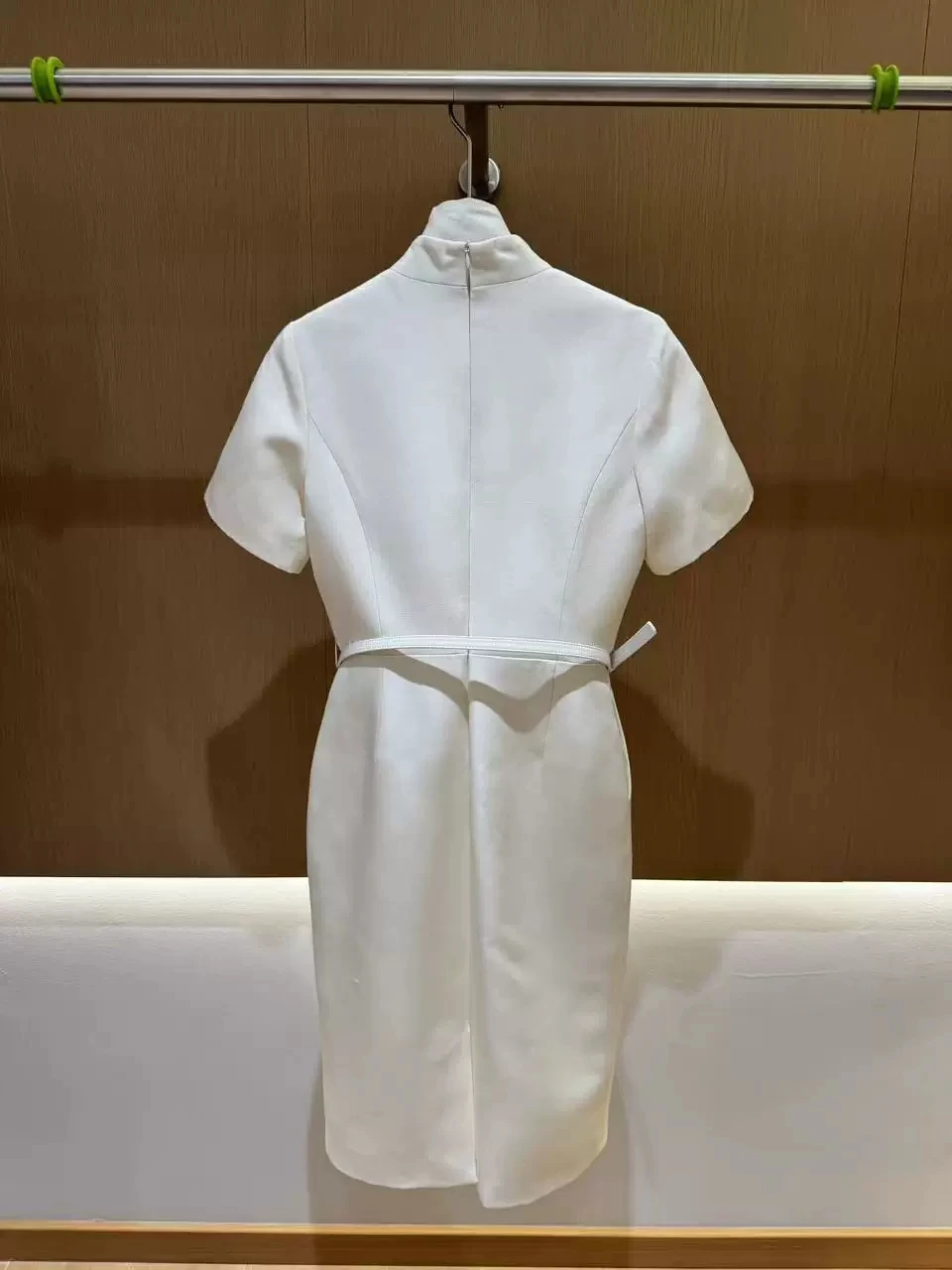 Elegant Silk Wool Blend Women Midi Pencil Dress Stand V Neck Short Sleeve With Belt Office Formal Dress White