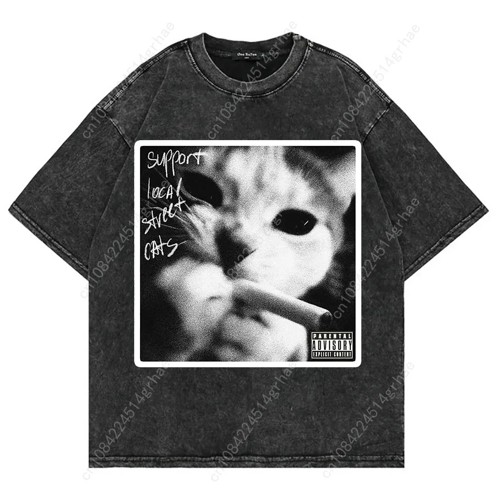 100% Cotton Vintage Washed Y2k Funny Cat Meme T Shirt Fashion Men/Women Aesthetic Graphic Oversize Loose Acid Wash Tees Shirts view 2