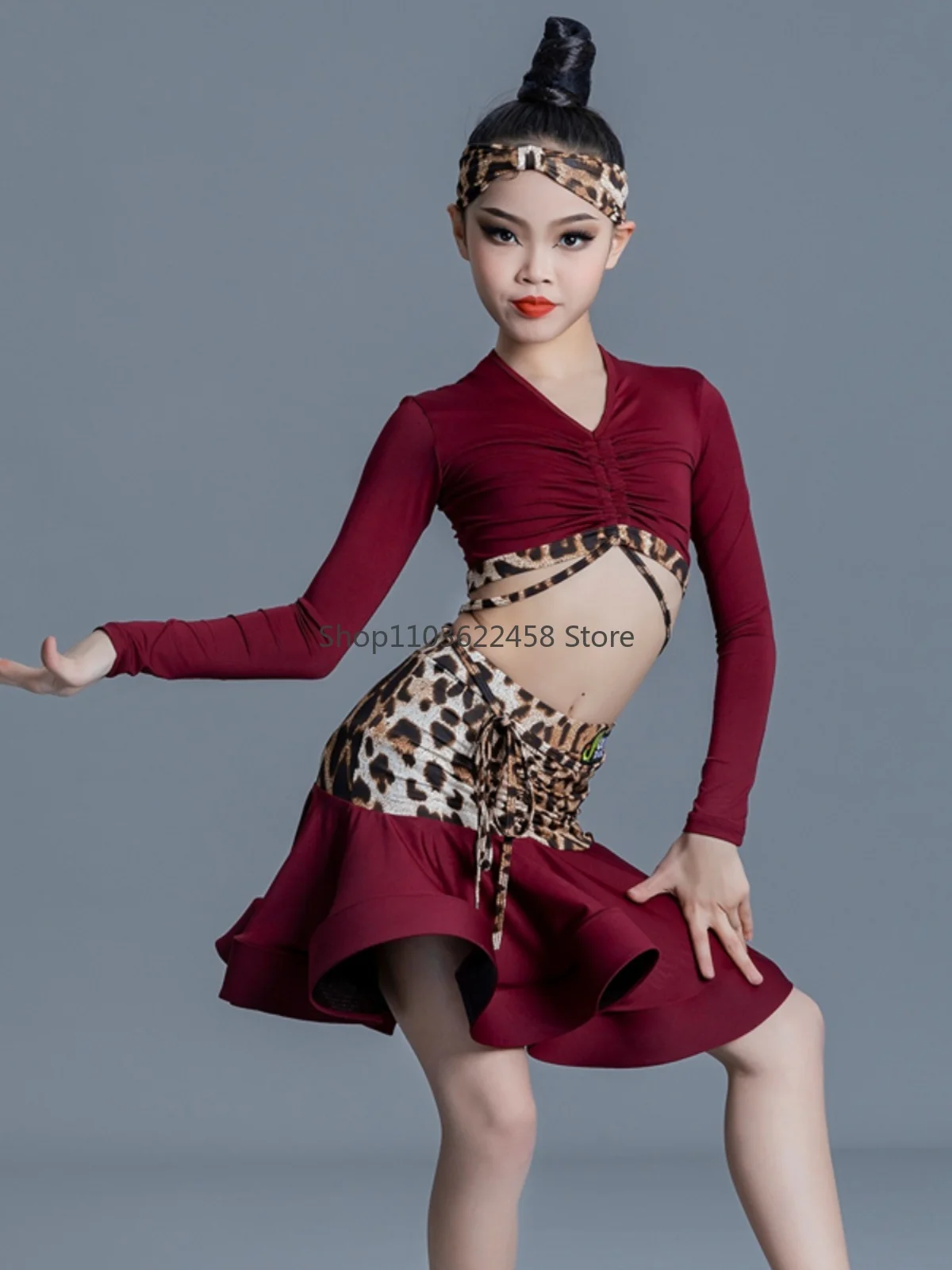 Latin Dance Costume Girls Latin Dance Dress Leopard Cha Cha Rumba Tango Dance Skirt Girls Performance Kid Latin Practice Clothes